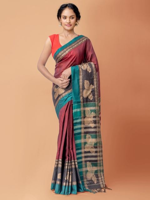 

Unnati Silks Maroon & Blue Pure Cotton Narayan Peth Saree