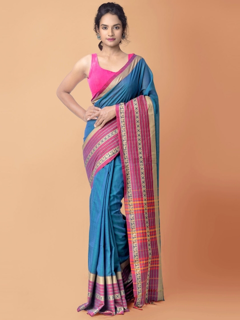 

Unnati Silks Blue & Pink Zari Pure Cotton Handloom Sustainable Narayan Peth Saree
