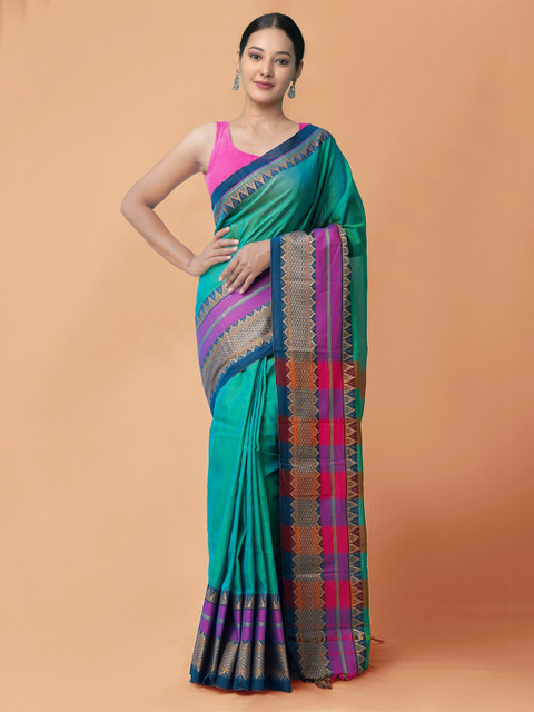 

Unnati Silks Green & Purple Woven Design Cotton Handloom Sustainable Narayan Peth Saree