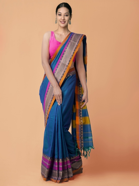 

Unnati Silks Blue & Orange Woven Design Pure Cotton Narayan Peth Saree