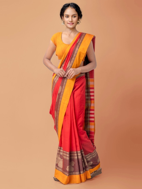 

Unnati Silks Red & Mustard Zari Pure Cotton Handloom Sustainable Narayan Peth Saree