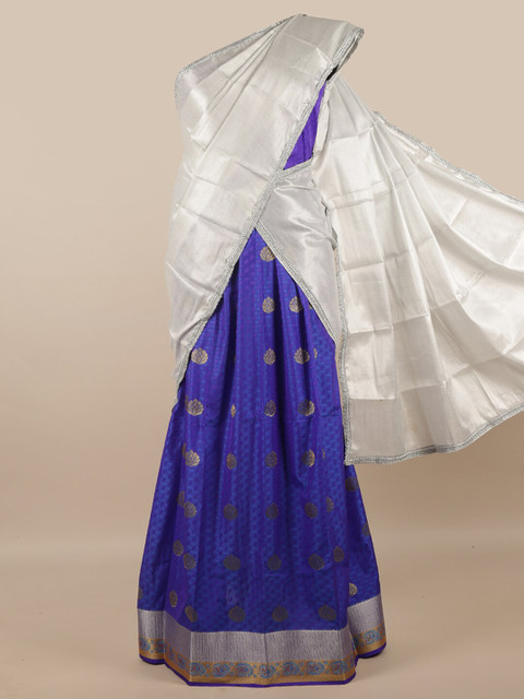 

Pothys Silver-Toned & Blue Unstitched Skirt & Blouse With Dhavani