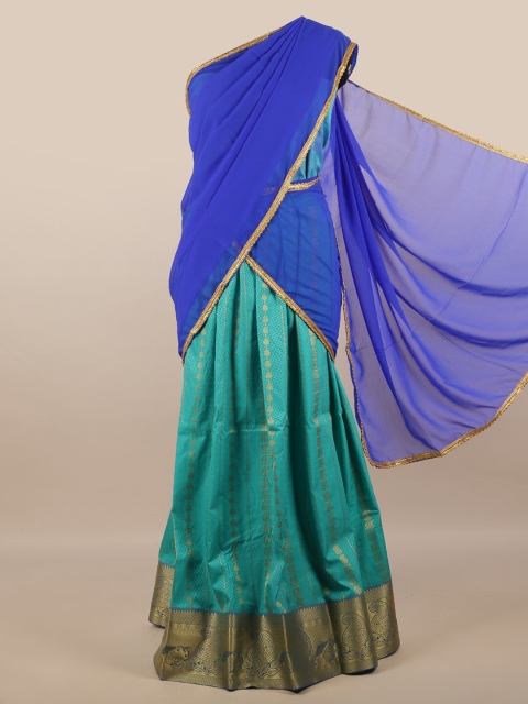 

Pothys Blue & Green Khari Print Unstitched Lehenga & Blouse With Dupatta