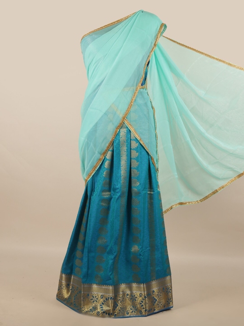 

Pothys Turquoise Blue & Teal Unstitched Lehenga & Blouse With Dupatta