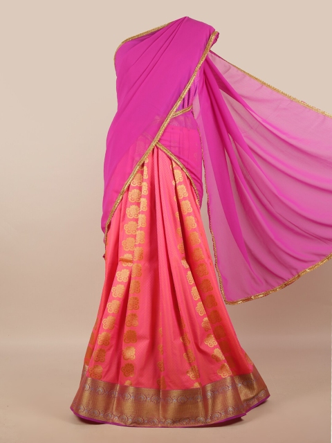 

Pothys Pink & Gold-Toned Unstitched Lehenga & Blouse With Dupatta