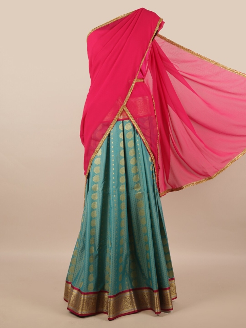 

Pothys Pink & Green Unstitched Lehenga & Blouse With Dupatta