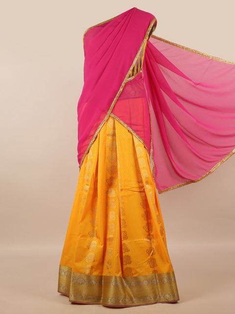 

Pothys Pink & Yellow Unstitched Skirt & Blouse With Dhavani