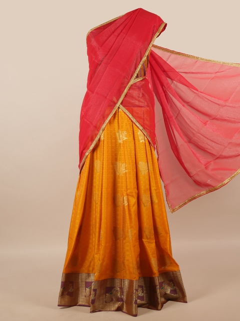 

Pothys Red & Yellow Unstitched Lehenga & Blouse With Dupatta