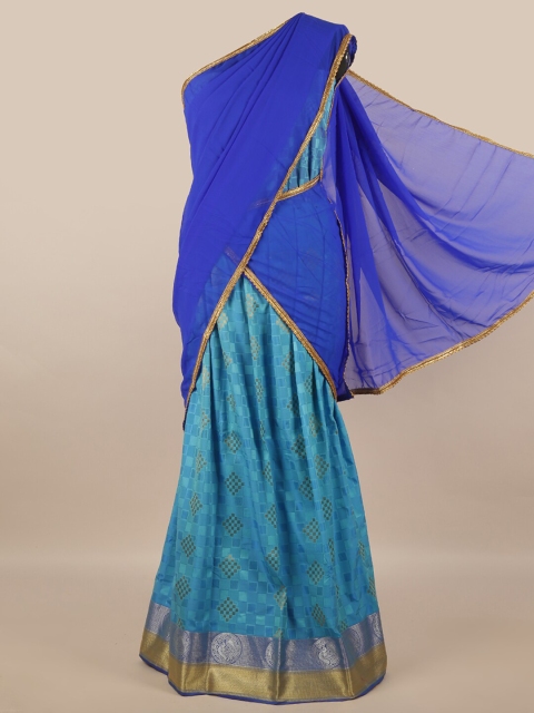 

Pothys Blue & Gold-Toned Unstitched Skirt & Blouse With Dhavani