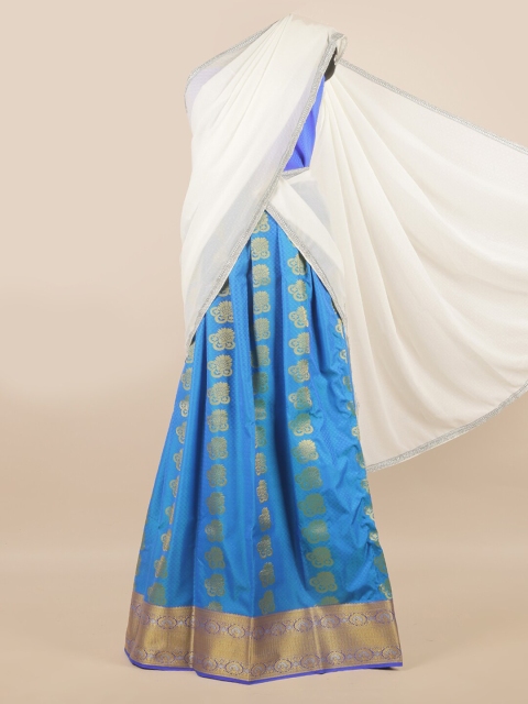 

Pothys White & Blue Unstitched Lehenga & Blouse With Dupatta