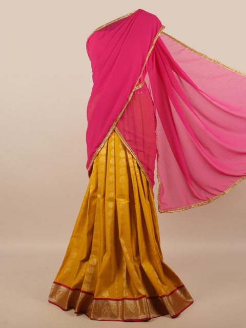 

Pothys Pink & Yellow Unstitched Lehenga & Blouse With Dupatta