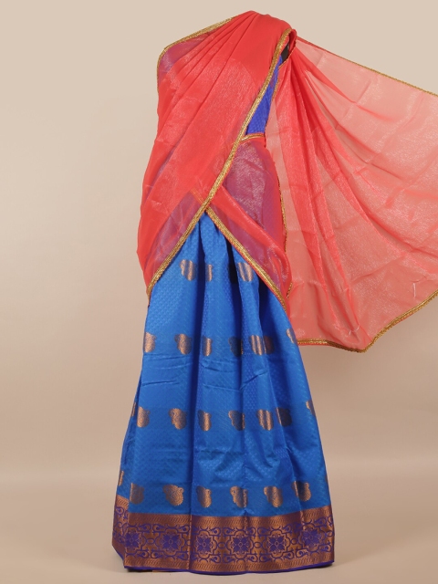 

Pothys Peach-Coloured & Blue Unstitched Lehenga & Blouse With Dupatta