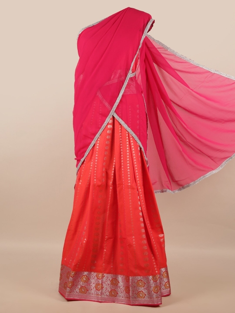 

Pothys Women Pink Blue Unstitched Lehenga & Blouse With Dupatta