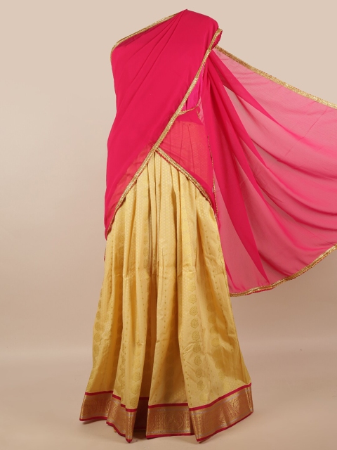 

Pothys Pink & Cream-Coloured Blue Unstitched Lehenga & Blouse With Dupatta