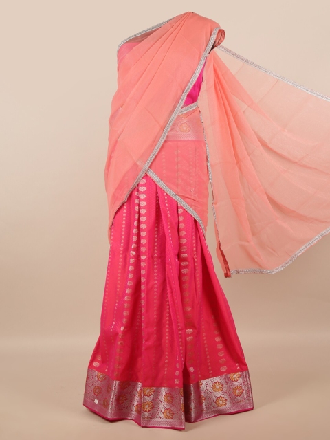 

Pothys Peach-Coloured & Fuchsia Unstitched Lehenga & Blouse With Dupatta