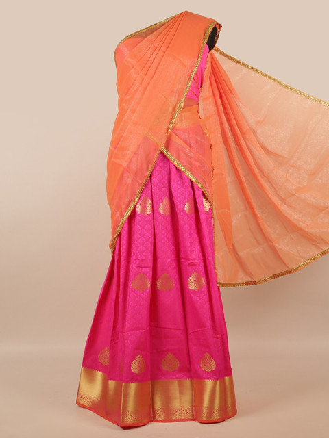 

Pothys Peach-Coloured & Gold-Toned Unstitched Skirt & Blouse With Dhavani