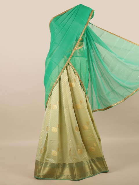 

Pothys Green & Gold-Toned Unstitched Woven Design Half Saree