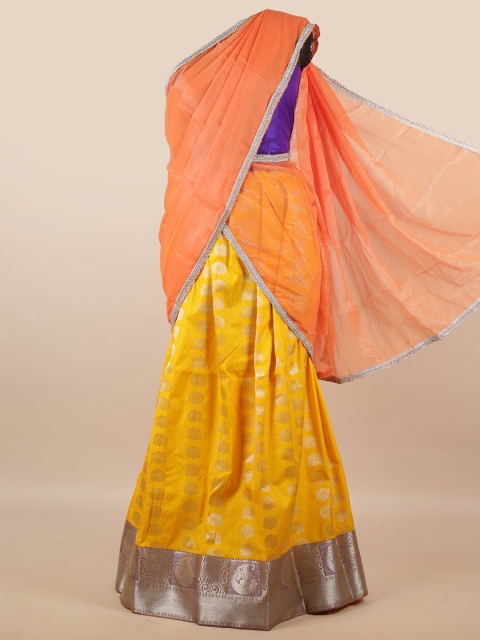 

Pothys Peach-Coloured & Yellow Unstitched Lehenga & Blouse With Dupatta