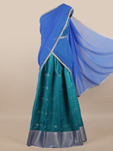 

Pothys Blue & Sea Green Unstitched Skirt & Blouse With Dhavani
