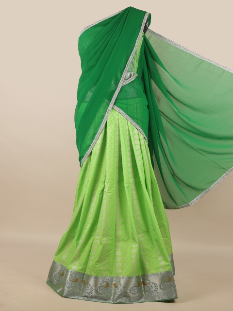 

Pothys Green & Silver-Toned Unstitched Lehenga & Blouse With Dupatta