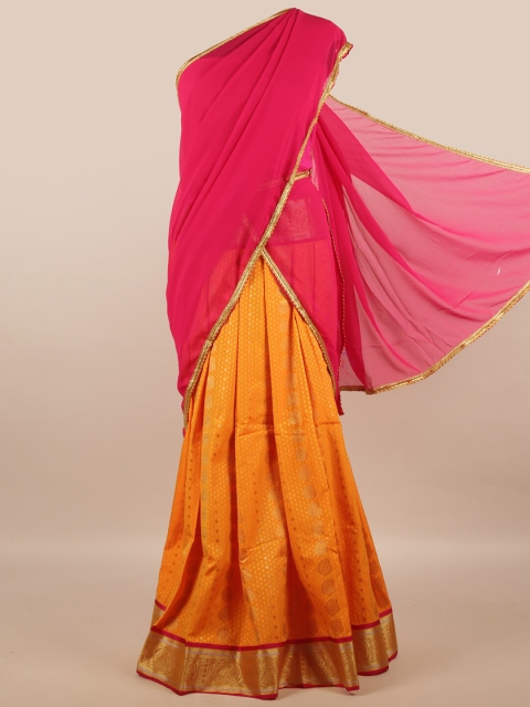 

Pothys Pink & Orange Blue Unstitched Lehenga & Blouse With Dupatta