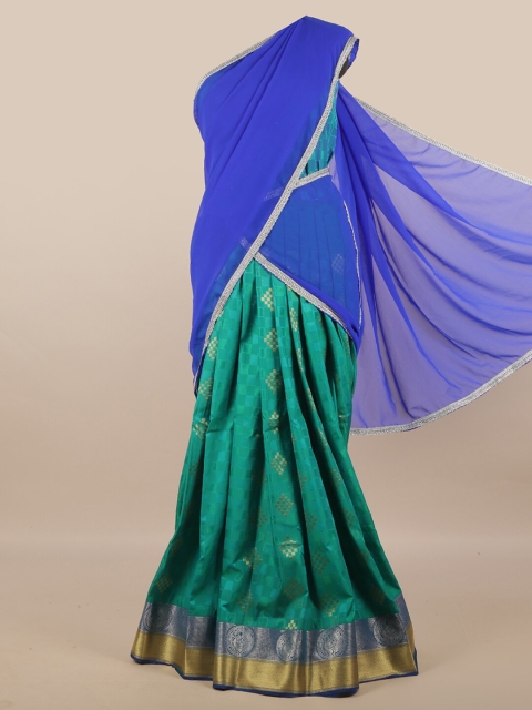 

Pothys Blue & Teal Unstitched Skirt & Blouse With Dhavani