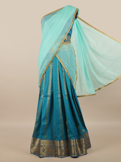 

Pothys Blue & Gold-Toned Unstitched Lehenga & Blouse With Dupatta