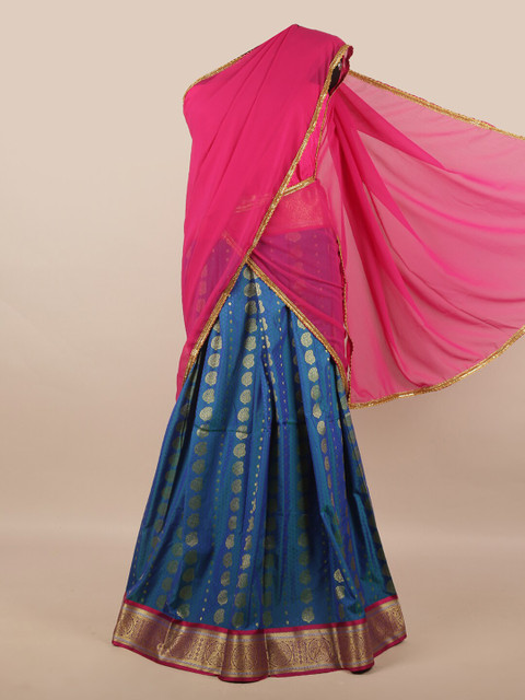 

Pothys Pink & Blue Unstitched Lehenga & Blouse With Dupatta