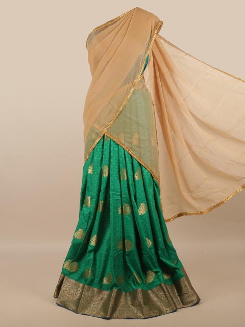 

Pothys Cream-Coloured & Green Unstitched Half Saree