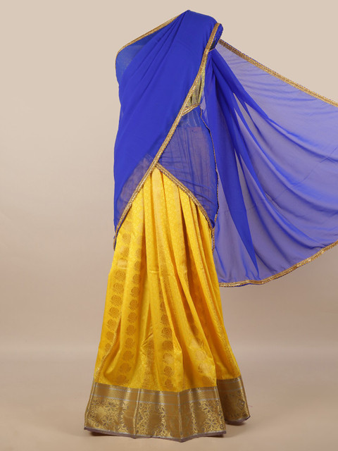 

Pothys Blue & Yellow Unstitched Lehenga & Blouse With Dupatta