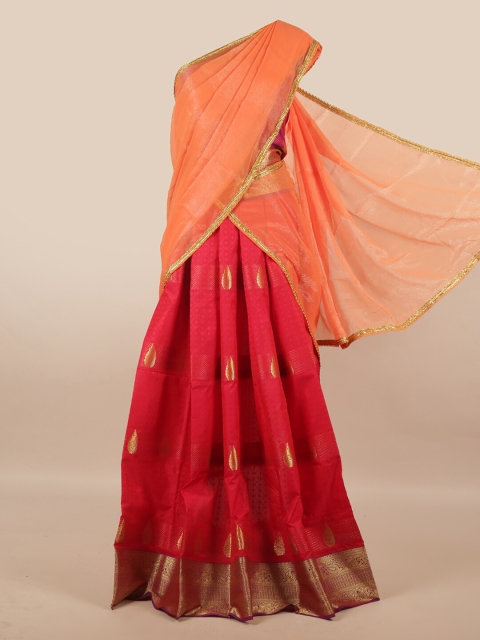 

Pothys Peach-Coloured & Fuchsia Unstitched Lehenga & Blouse With Dupatta