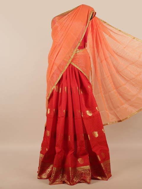 

Pothys Peach-Coloured & Red Unstitched Lehenga & Blouse With Dupatta