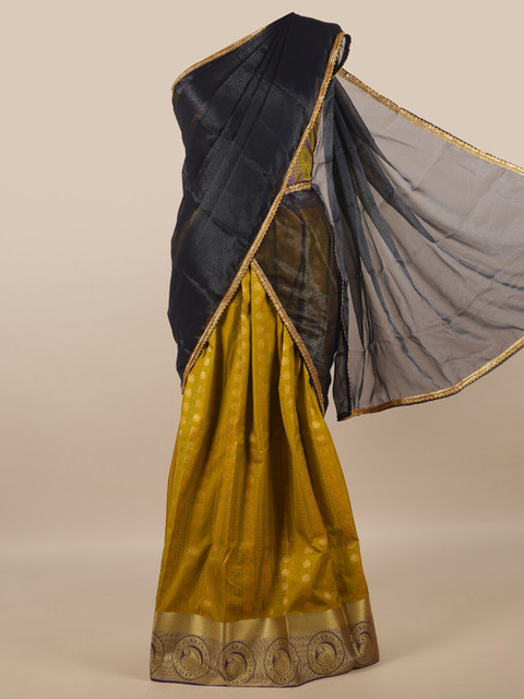 

Pothys Navy Blue & Mustard Unstitched Lehenga & Blouse With Dupatta