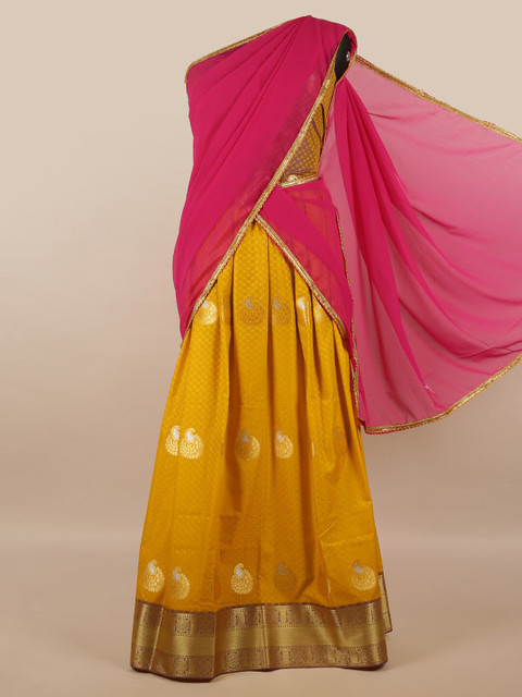 

Pothys Pink & Yellow Unstitched Skirt & Blouse With Dhavani