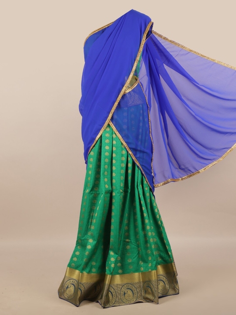 

Pothys Blue & Green Unstitched Lehenga & Blouse With Dupatta