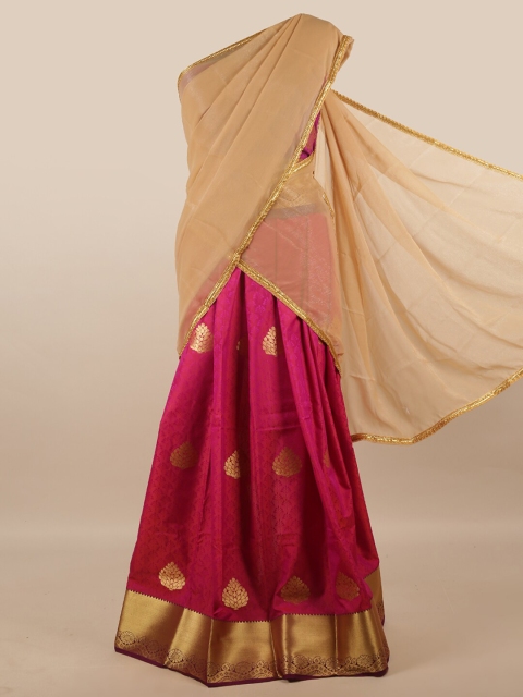 

Pothys Cream-Coloured & Magenta Unstitched Lehenga & Blouse With Dupatta