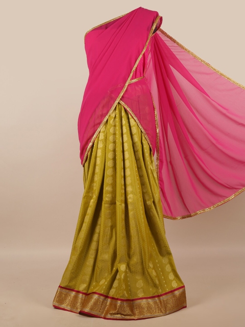 

Pothys Pink & Mustard Unstitched Lehenga & Blouse With Dupatta