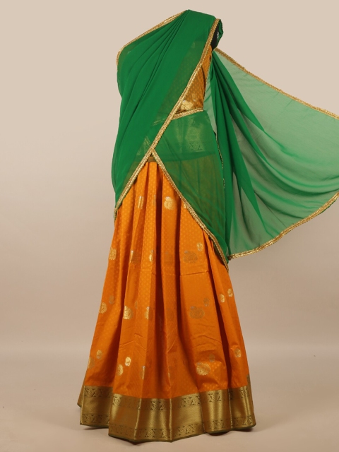 

Pothys Green & Orange Unstitched Lehenga & Blouse With Dupatta