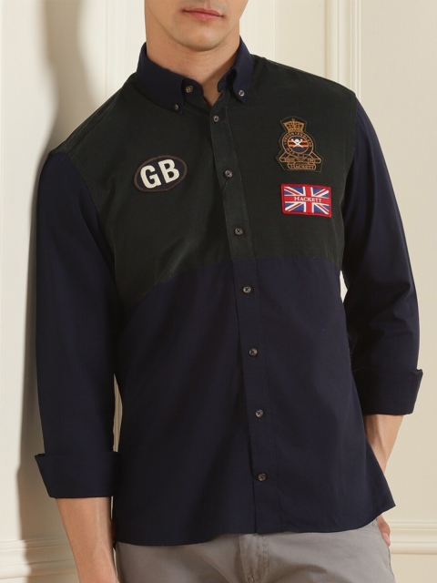 

HACKETT LONDON Men Navy Blue Cotton Casual Shirt With Patch Work Details
