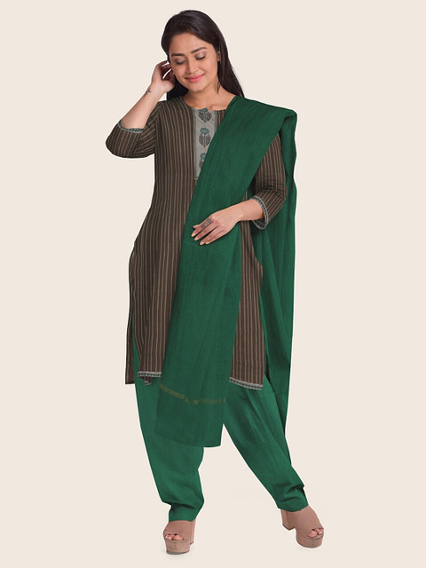 

Pothys Brown & Green Pure Cotton Unstitched Dress Material
