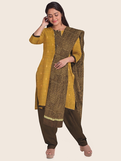 

Pothys Women Mustard Yellow & Brown Unstitched Dress Material
