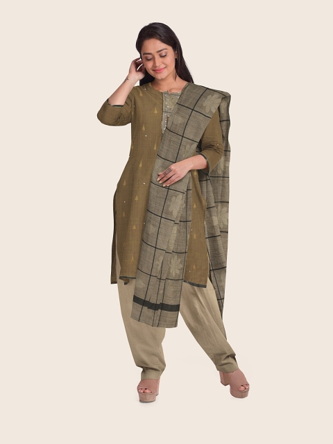 

Pothys Brown & Green Embellished Unstitched Dress Material