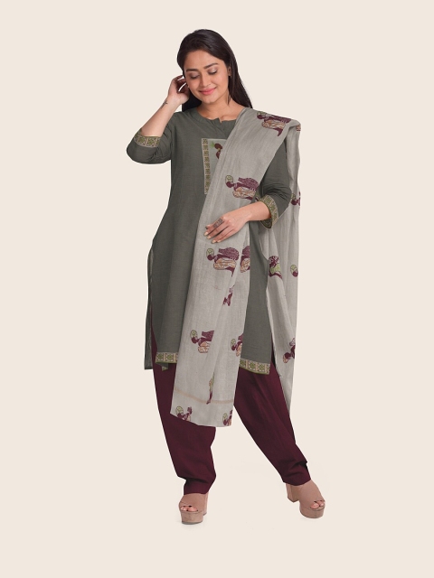 

Pothys Grey & Brown Printed Pure Cotton Unstitched Dress Material