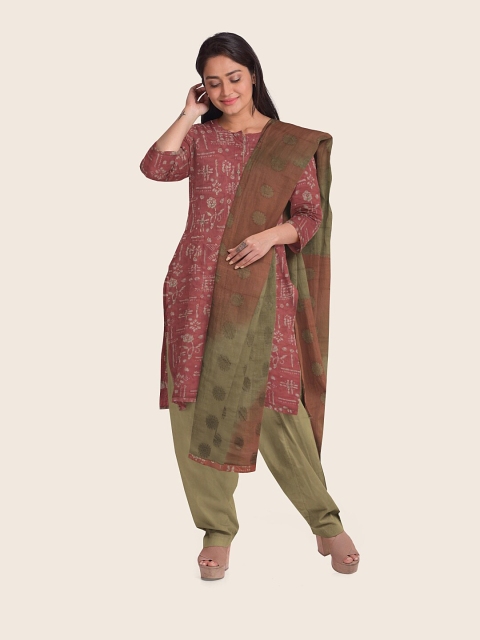

Pothys Peach-Coloured & Olive Green Printed Unstitched Dress Material