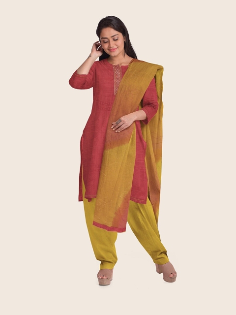 

Pothys Pink & Mustard Printed Unstitched Dress Material