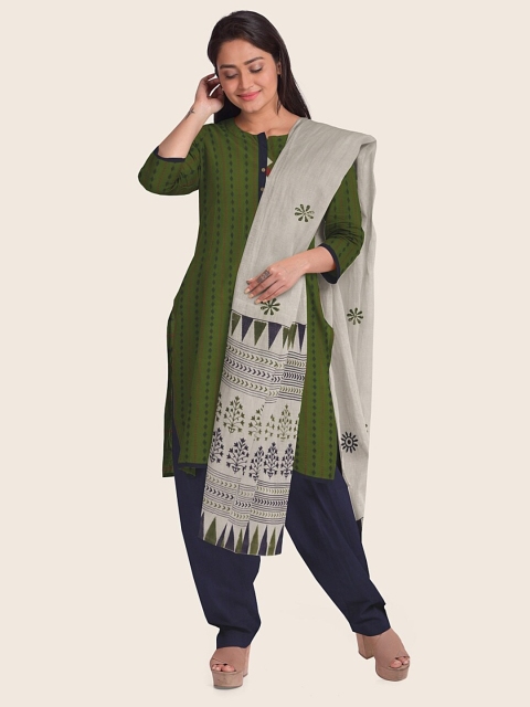 

Pothys Green & Navy Blue Printed Pure Cotton Unstitched Dress Material