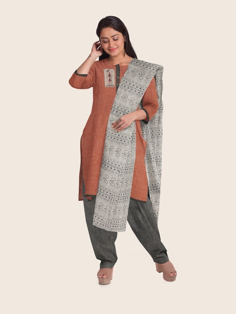 

Pothys Solid Peach & Grey Printed Pure Cotton Unstitched Dress Material