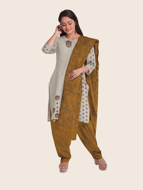 

Pothys Off White & Mustard Printed Pure Cotton Unstitched Dress Material