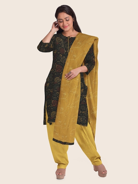 

Pothys Black & Yellow Printed Unstitched Dress Material