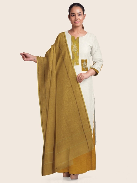 

Pothys White & Olive Green Printed Pure Cotton Unstitched Dress Material